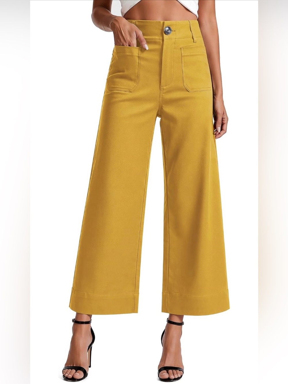 High-Rise Cropped Wide-Leg Pants in Mustard Yellow